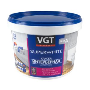 Краска интерьерная для стен и потолков VGT ВД-АК-2180, акриловая, база A, супербелая, 3 кг