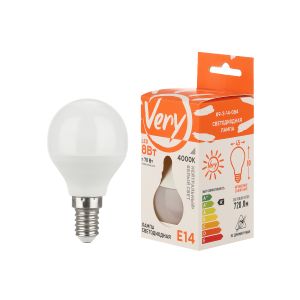 Лампа светодиодная шар GL45, 8Вт, 4000К, E14 VERY