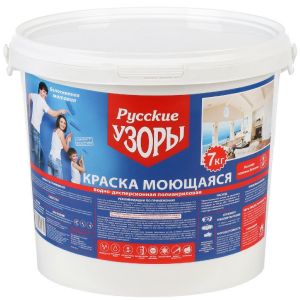 Краска воднодисперсионная, Русские узоры, полиакриловая, универсальная, влагостойкая, матовая, 7 кг.