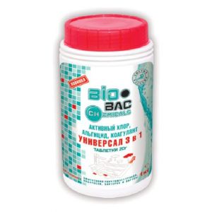 Универсальное средство Biobac 3 в 1 1,0 кг Хлор, альгицид, коагулянт таблетированный