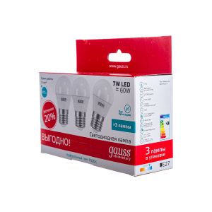 Лампа светодиодная Gauss Elementary E27 7 Вт 4100K Шар(3 лампы в упак.)
