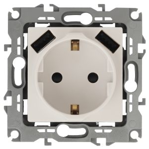 Мех. розетки 2P+E 16A-250В, штор. с 2xUSB 5В-3А, Эра12, слоновая кость