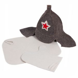 Набор 3-х предметный Буденовка (шапка с вышивкой,коврик белый,рукавица),Банная линия