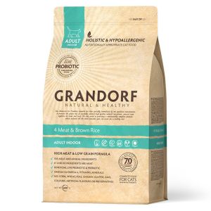 Сухой корм для домашних кошек Grandorf Indoor Probiotic, четыре вида мяса с бурым рисом, 400 г