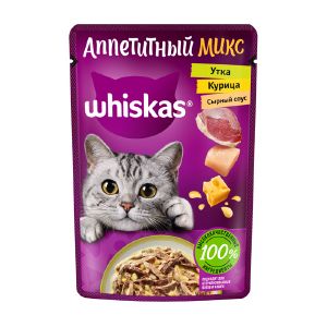 Влажный корм Whiskas для кошек Микс с курицей и уткой в сырном соусе, пауч, 75 г