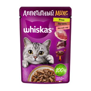 Влажный корм Whiskas для кошек Микс с уткой и печенью в мясном соусе, пауч, 75 г