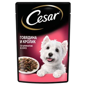 Влажный корм для собак Cesar говядина и кролик со шпинатом в соусе, пауч, 85 г