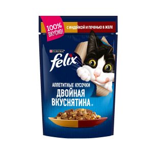 Влажный корм для кошек FELIX Двойная вкуснятина с индейкой и печенью в желе, пауч, 75 г / 85 г