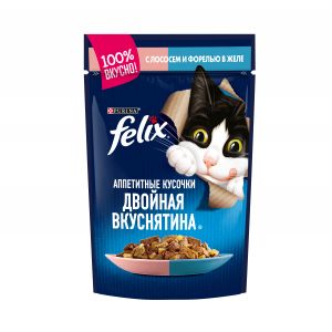 Влажный корм для кошек FELIX Двойная вкуснятина с лососем и форелью в желе, пауч, 85 г