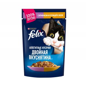 Влажный корм для кошек FELIX Двойная вкуснятина с ягненком и курицей в желе, пауч, 75 г / 85 г