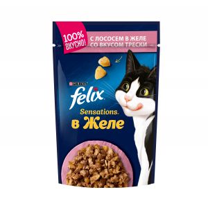 Влажный корм для кошек FELIX Sensations лосось и треска в желе, пауч, 75 г / 85 г