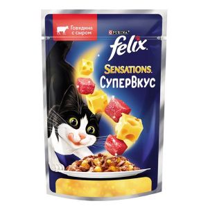 Влажный корм для кошек FELIX Sensations СуперВкус с говядиной и сыром в желе, пауч, 75 г