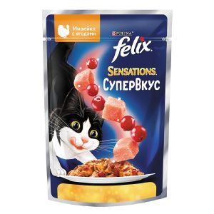 Влажный корм для кошек FELIX Sensations СуперВкус с индейкой и ягодами в желе, пауч, 75 г