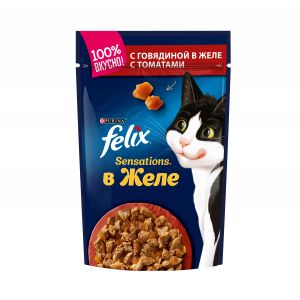 Влажный корм для кошек FELIX Sensations говядина с томатами в желе, пауч 85 г / 75 г