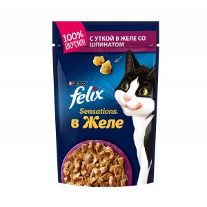 Влажный корм для кошек FELIX Sensations утка со шпинатом в желе, пауч, 75 г / 85 г