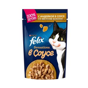 Влажный корм для кошек FELIX Sensations индейка с беконом в соусе, пауч, 75 г