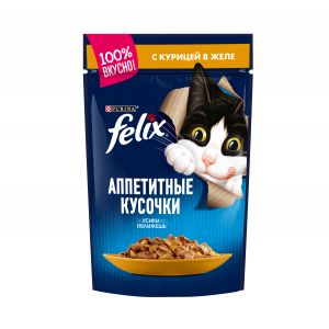 Влажный корм для кошек FELIX Аппетитные кусочки с курицей в желе, пауч, 75/85 г