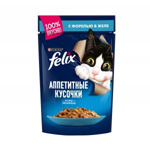 Влажный корм для кошек FELIX Аппетитные кусочки с форелью в желе, пауч, 75 г / 85 гр