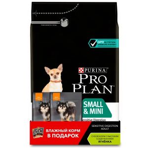 Сухой корм для собак мелких пород PRO PLAN Adult Small&Mini Sensitive Digestion 3 кг+ 2 пауча 85 г