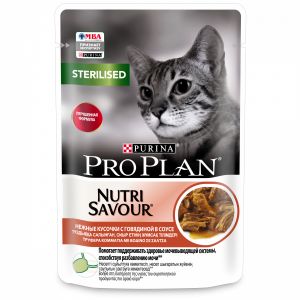 Влажный корм для стерилизованных кошек PRO PLAN NutriSavour Sterilised говядина в соусе, пауч, 85 г