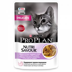 Влажный корм для кошек с чувств.пищевар. PRO PLAN NutriSavour Delicate индейка в соусе, пауч, 85 г
