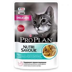 Влажный корм для кошек с чувств.пищевар. PRO PLAN NutriSavour Delicate океан.рыба в соусе, пауч,85 г