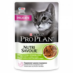 Влажный корм для кошек с чувств.пищевар. PRO PLAN NutriSavour Delicate ягненок в соусе, пауч, 85 г