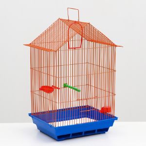 Клетка для птиц большая, крыша-домик(поилка, кормушка, жердочка, качель) 35 х 28 х 55 см микс
