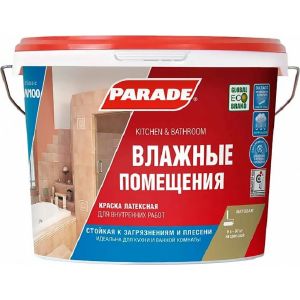 Краска латексная PARADE W100 Влажные помещения база А 9 л Россия