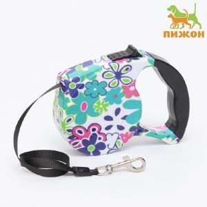 Рулетка с поводком-лентой, резиновая ручка, 5 м, вес животного до 15 кг, цветы   9656092