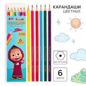 Карандаши 6 цветов «Маша», заточенные, шестигранные, картонная упаковка, европодвес, Маша и Медведь