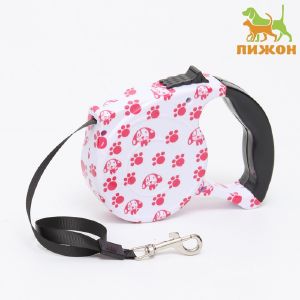 Рулетка с поводком-лентой, резиновая ручка, 5 м, вес животного до 15 кг, лапки на белом   9656095