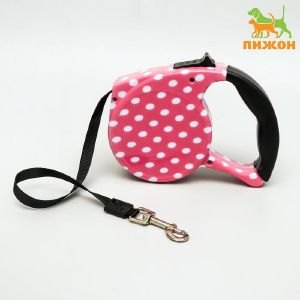 Рулетка с поводком-лентой, резиновая ручка, 5 м, вес животного до 15 кг, розовая в горошек   5665705