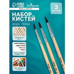 Набор кистей пони 3 штуки: № 1, 2, 3, круглые, с деревянными ручками, в блистере