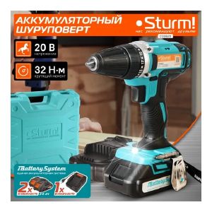 Дрель аккумуляторная Sturm!, 20В, 1BatterySystem, 32Нм, конусный патрон, 2х2.0Ач, кейс CD3620