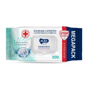 Влажные салфетки AURA FAMILY для всей семьи с крышкой, 200шт 3573176