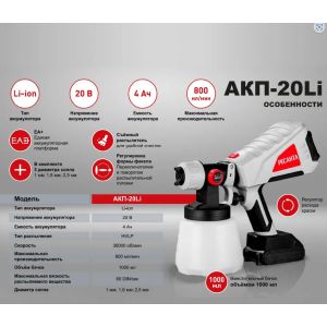Краскопульт аккумуляторный АКП-20Li Ресанта (в комплекте 1 АКБ и ЗУ)